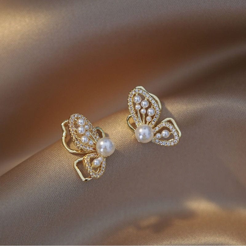 Chic CZ Inlaid Butterfly Pearl Earrings