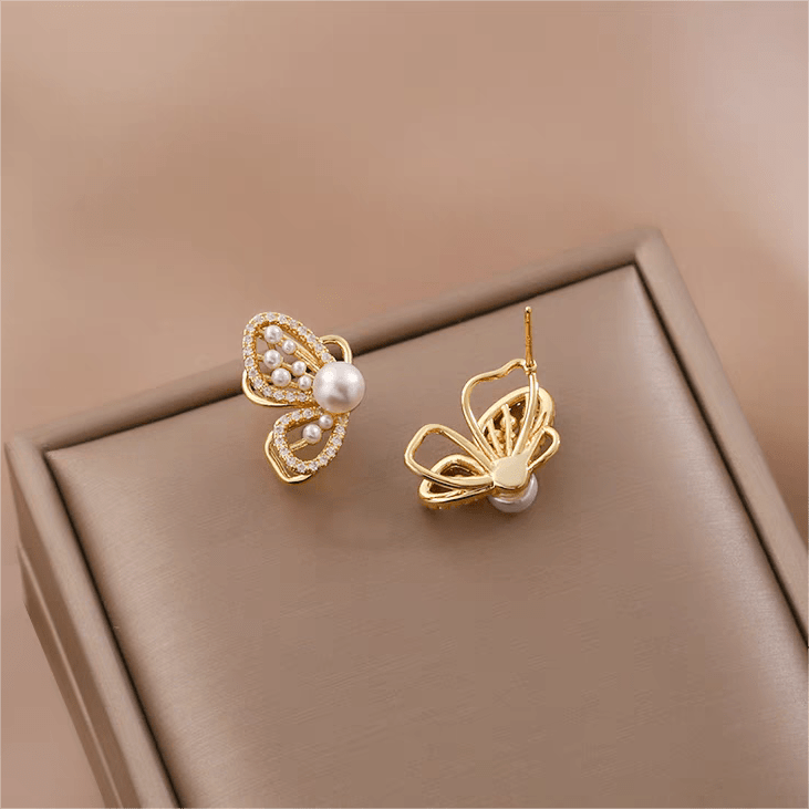 Chic CZ Inlaid Butterfly Pearl Earrings