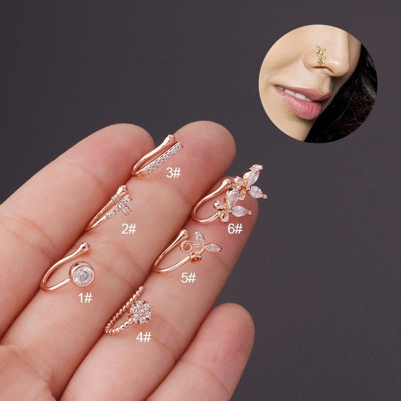 Chic CZ Inlaid Cherry Butterfly Non Piercing Adjustable Nose Ring