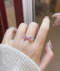 Chic CZ Inlaid Colorful Crystal Heart Bowknot Ring