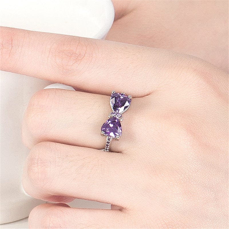 Chic CZ Inlaid Colorful Crystal Heart Bowknot Ring