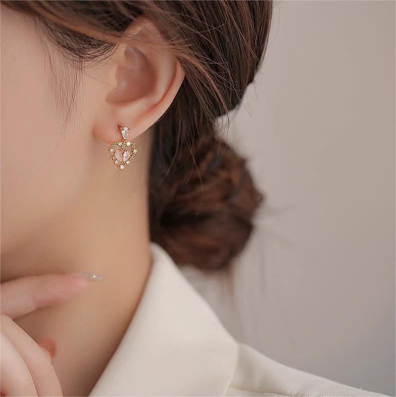 Chic CZ Inlaid Crystal Floral Hollow Heart Earrings