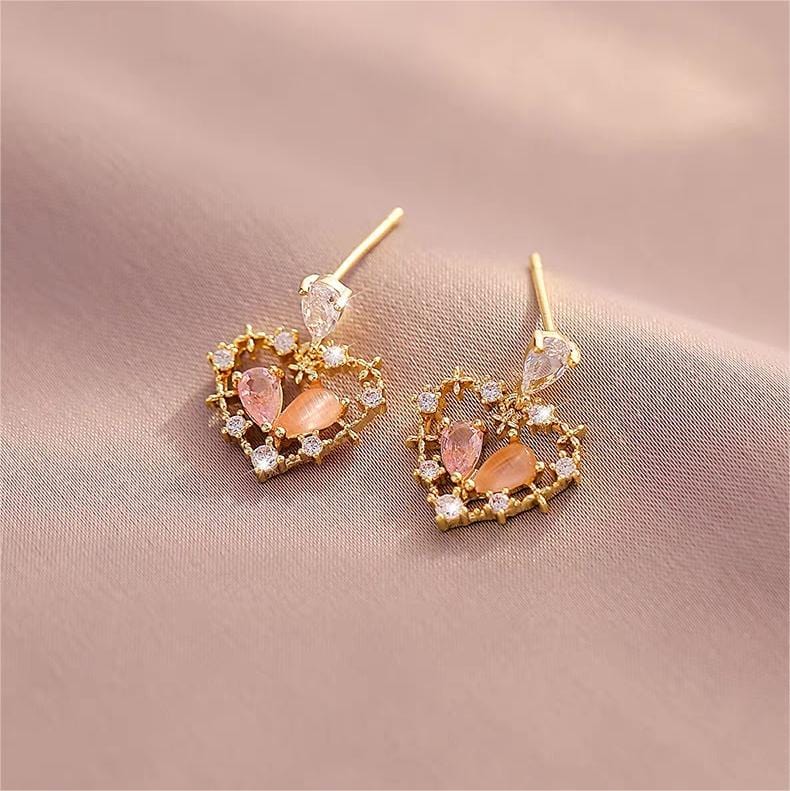 Chic CZ Inlaid Crystal Floral Hollow Heart Earrings