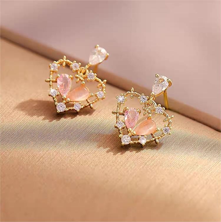 Chic CZ Inlaid Crystal Floral Hollow Heart Earrings