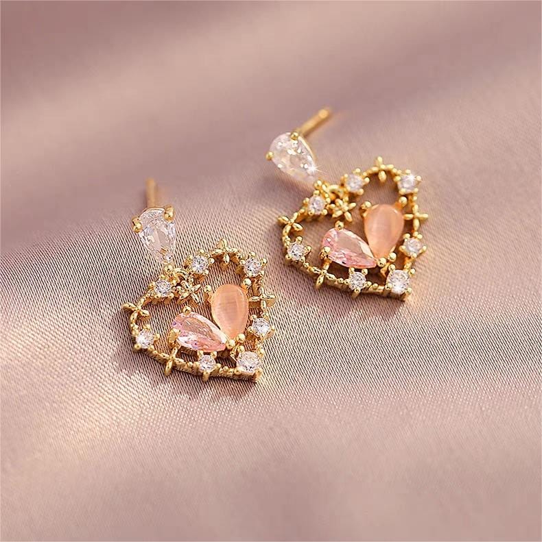 Chic CZ Inlaid Crystal Floral Hollow Heart Earrings