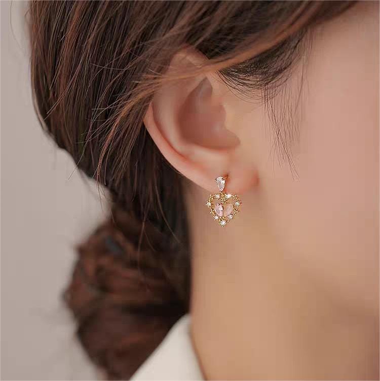 Chic CZ Inlaid Crystal Floral Hollow Heart Earrings