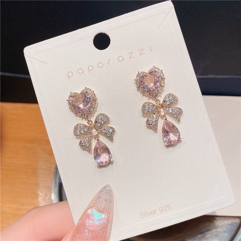 Chic CZ Inlaid Crystal Ribbon Heart Dangle Earrings