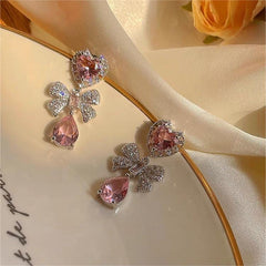 Chic CZ Inlaid Crystal Ribbon Heart Dangle Earrings