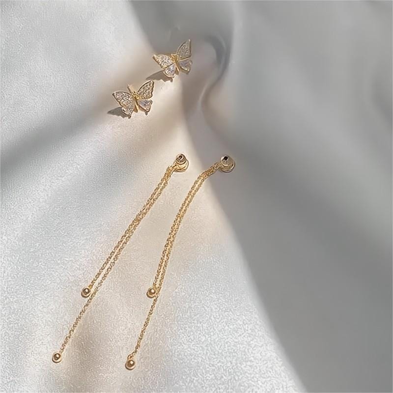 Chic CZ Inlaid Detachable Butterfly Tassel Earrings