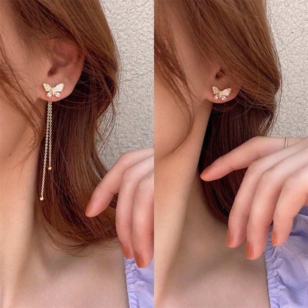 Chic CZ Inlaid Detachable Butterfly Tassel Earrings