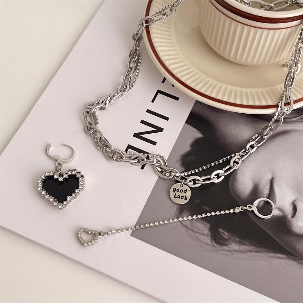 Chic CZ Inlaid Detachable Heart Earrings Necklace