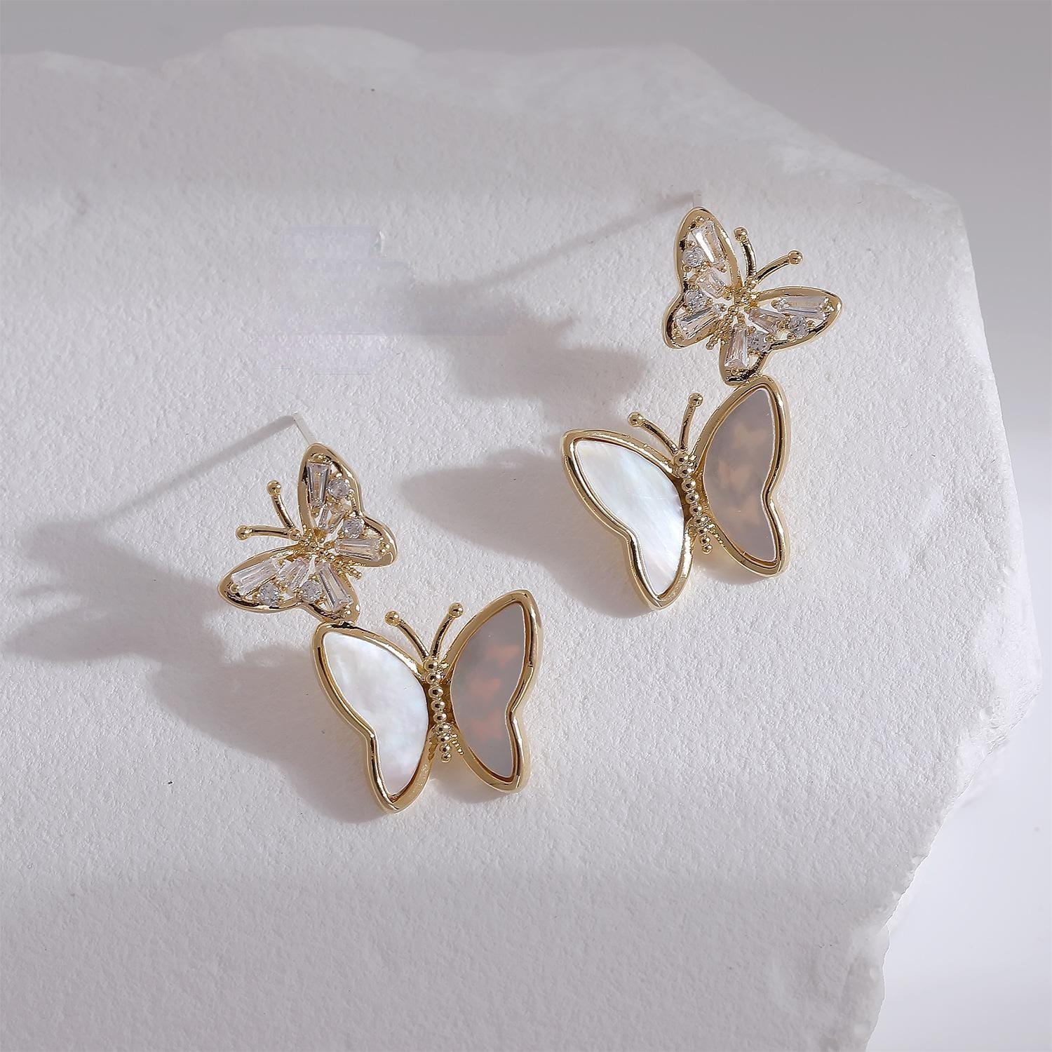 Chic CZ Inlaid Duo Butterfly Dangle Earrings