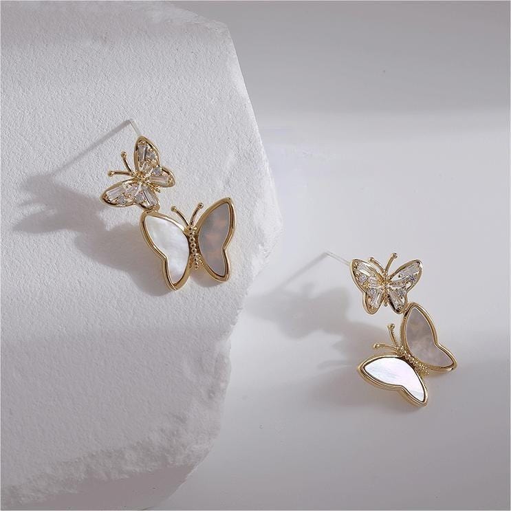 Chic CZ Inlaid Duo Butterfly Dangle Earrings