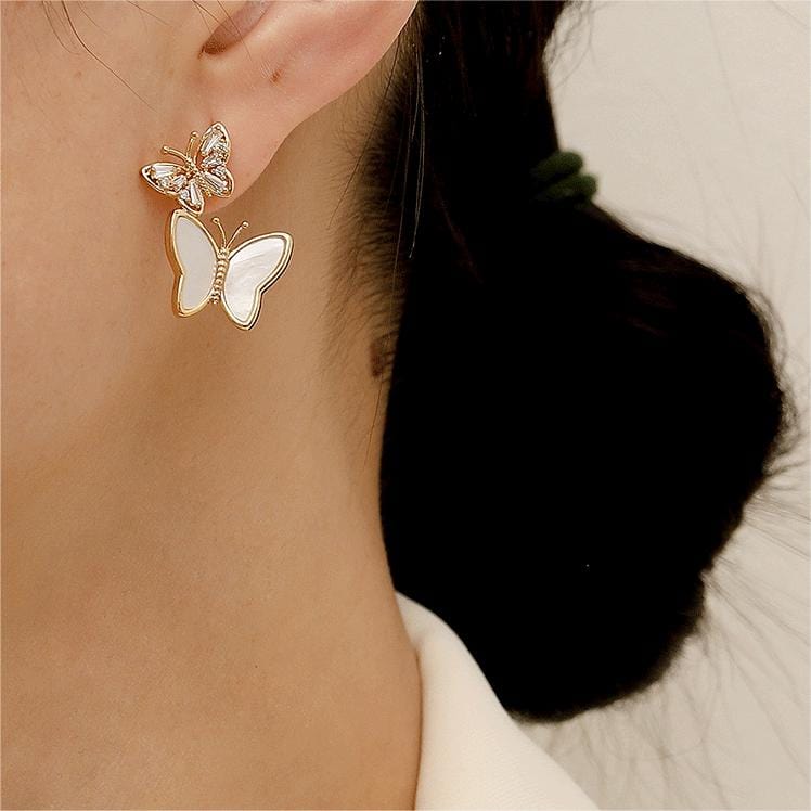 Chic CZ Inlaid Duo Butterfly Dangle Earrings