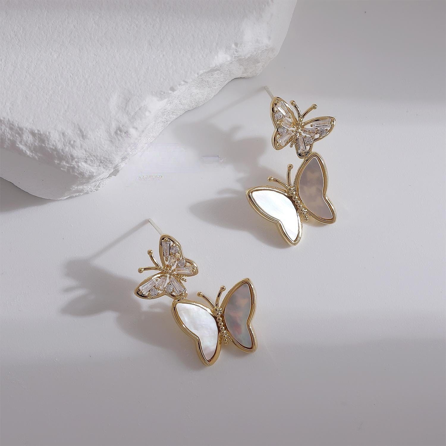 Chic CZ Inlaid Duo Butterfly Dangle Earrings