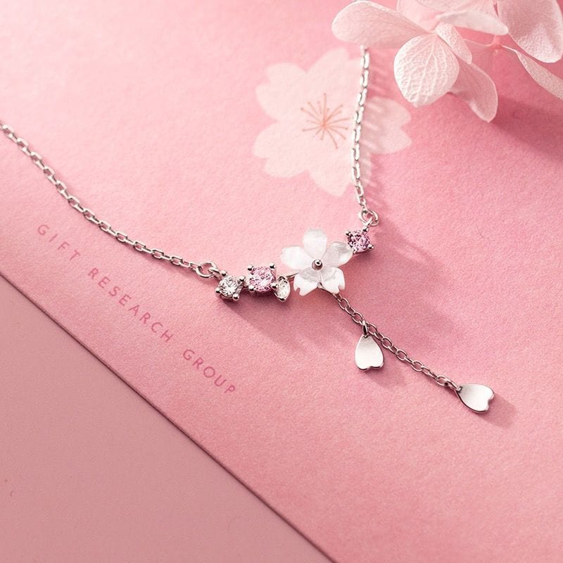 Chic CZ Inlaid Heart Tassel Cherry Blossom Necklace