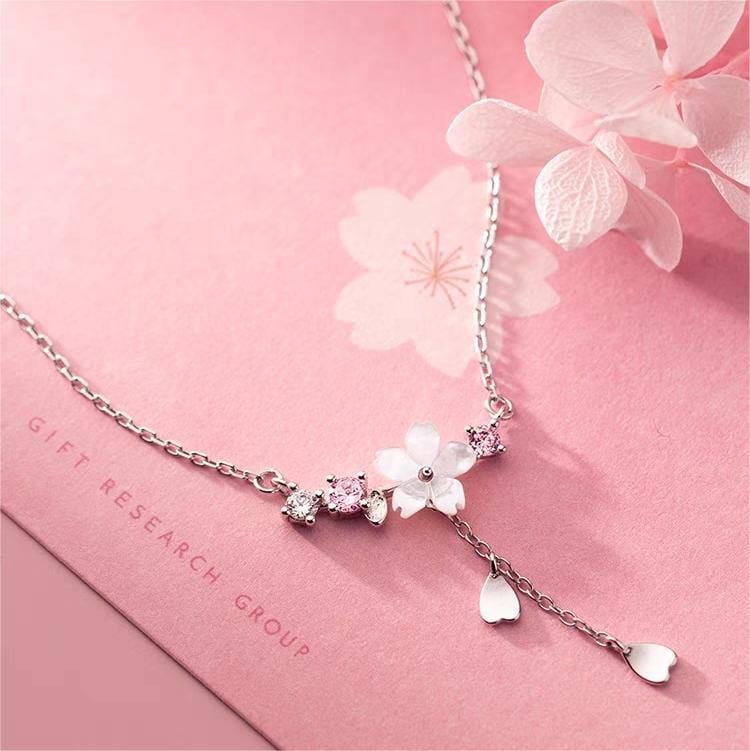 Chic CZ Inlaid Heart Tassel Cherry Blossom Necklace