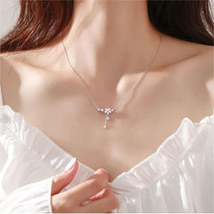 Chic CZ Inlaid Heart Tassel Cherry Blossom Necklace