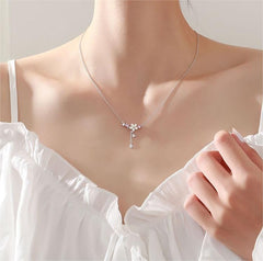 Chic CZ Inlaid Heart Tassel Cherry Blossom Necklace