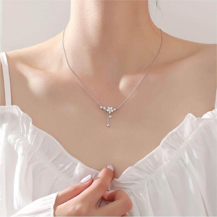 Chic CZ Inlaid Heart Tassel Cherry Blossom Necklace