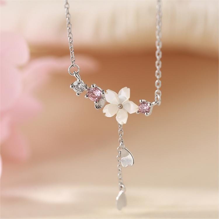 Chic CZ Inlaid Heart Tassel Cherry Blossom Necklace