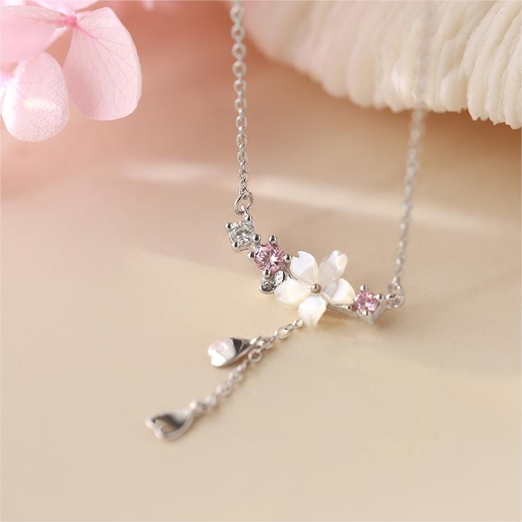 Chic CZ Inlaid Heart Tassel Cherry Blossom Necklace