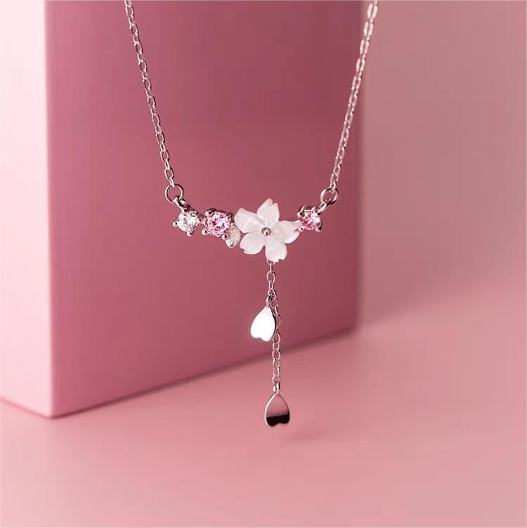 Chic CZ Inlaid Heart Tassel Cherry Blossom Necklace