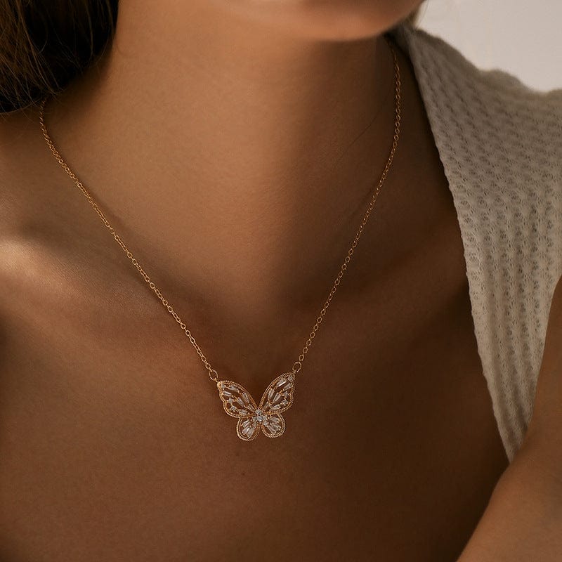 Chic CZ Inlaid Hollowed-out Butterfly Necklace