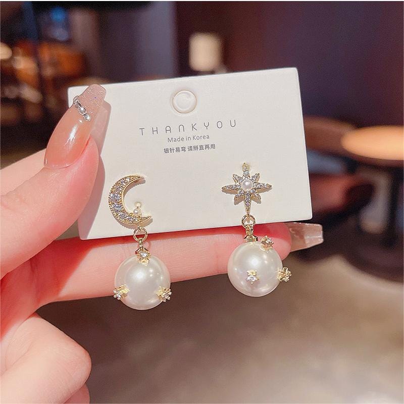 Chic CZ Inlaid Moon Phase Star Dangle Pearl Earrings