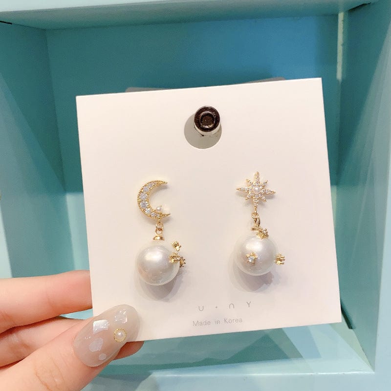 Chic CZ Inlaid Moon Phase Star Dangle Pearl Earrings