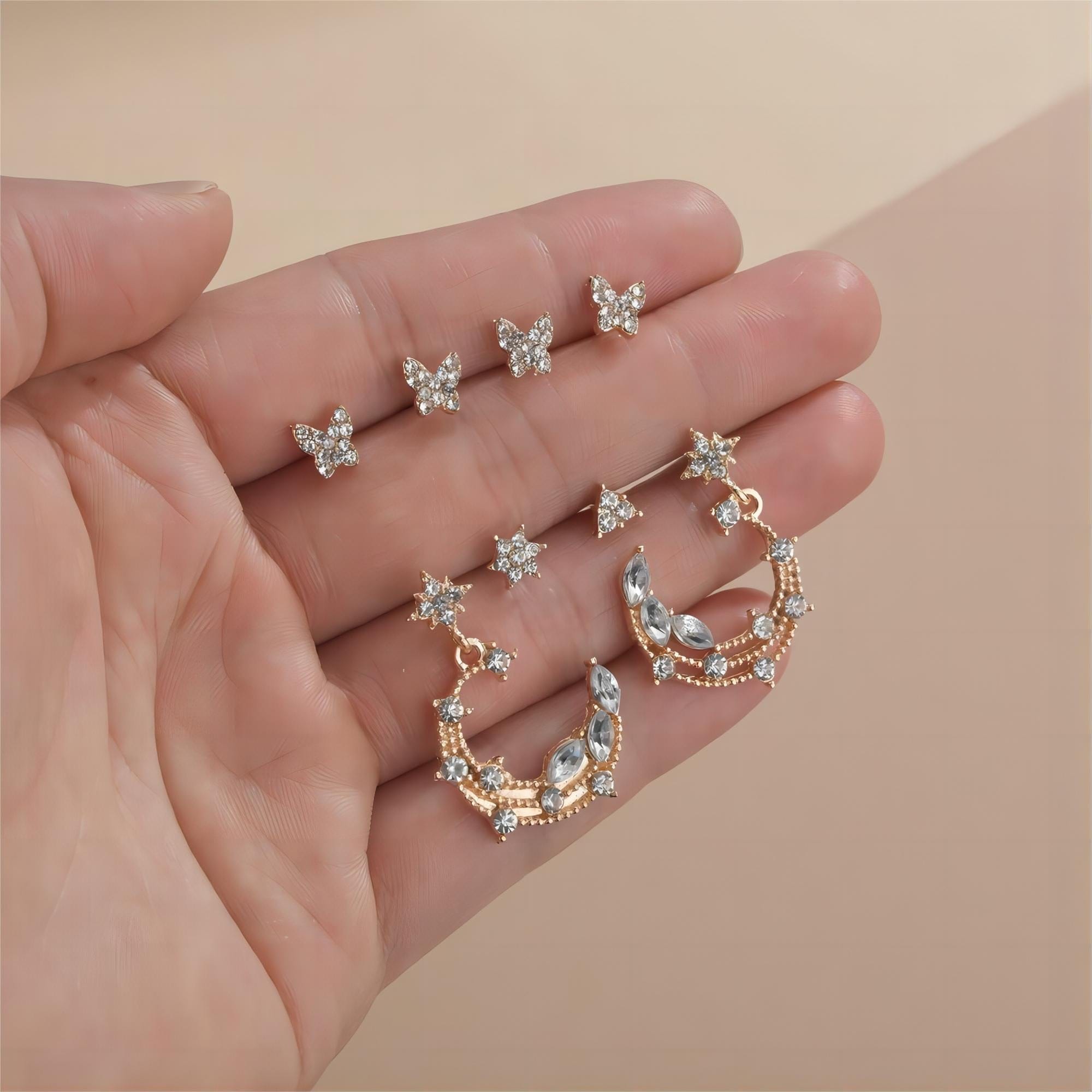 Chic CZ Inlaid Moon Phase Star Dangle Stud Earrings Set