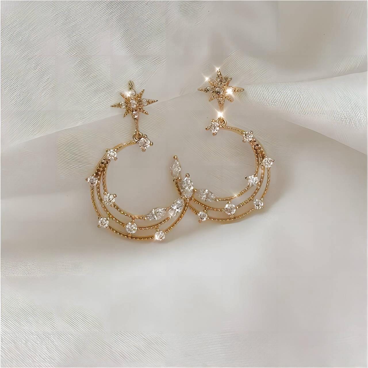 Chic CZ Inlaid Moon Phase Star Dangle Stud Earrings Set