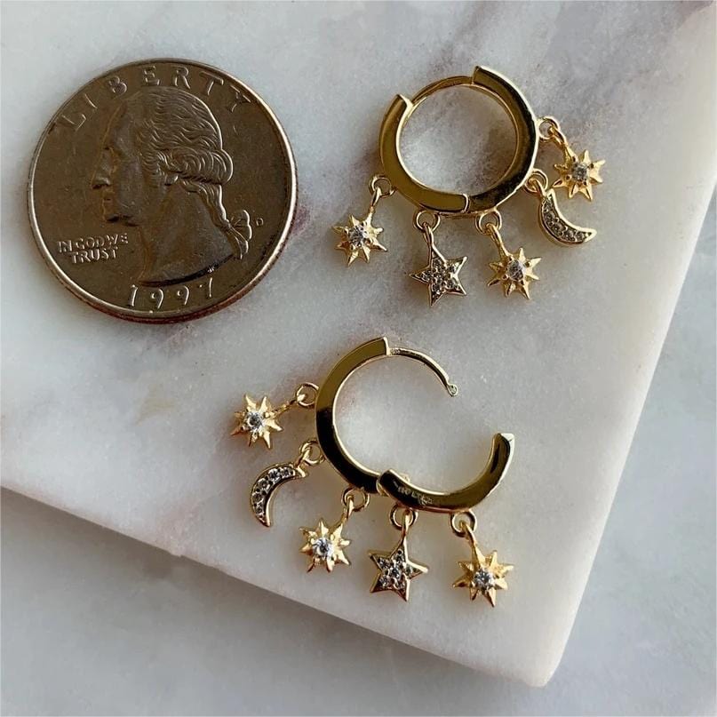 Chic CZ Inlaid Moon Phase Star Tassel Earrings