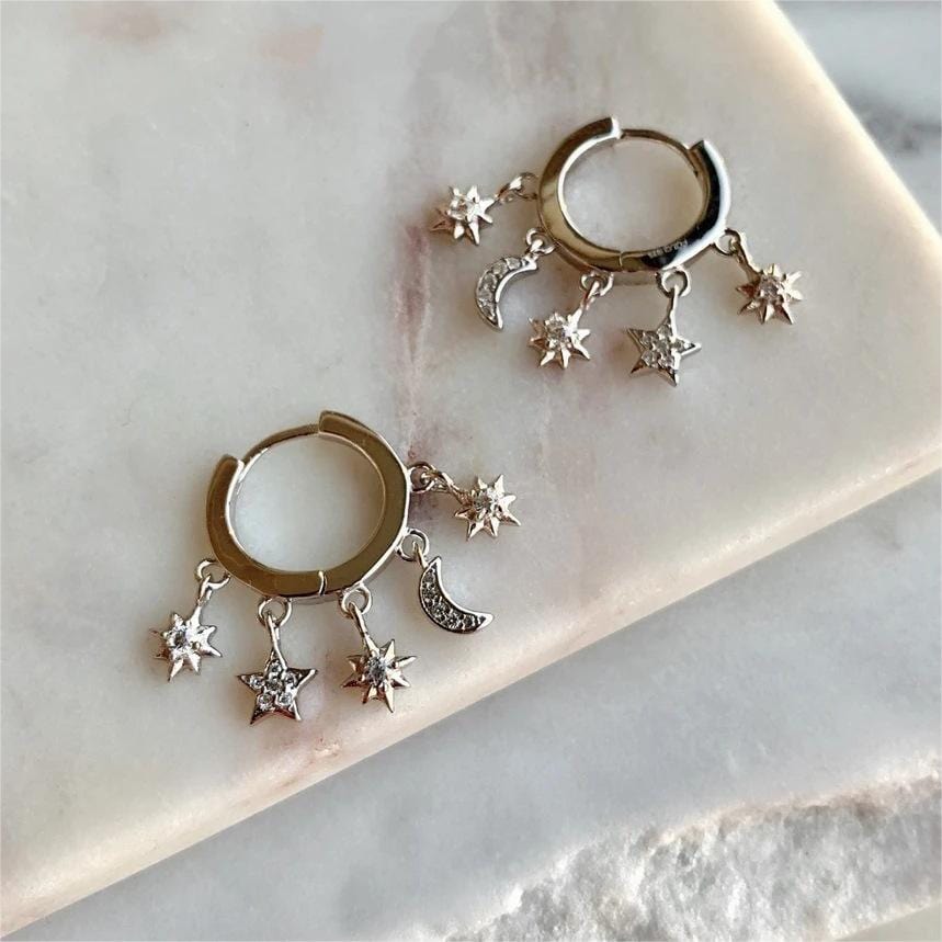 Chic CZ Inlaid Moon Phase Star Tassel Earrings