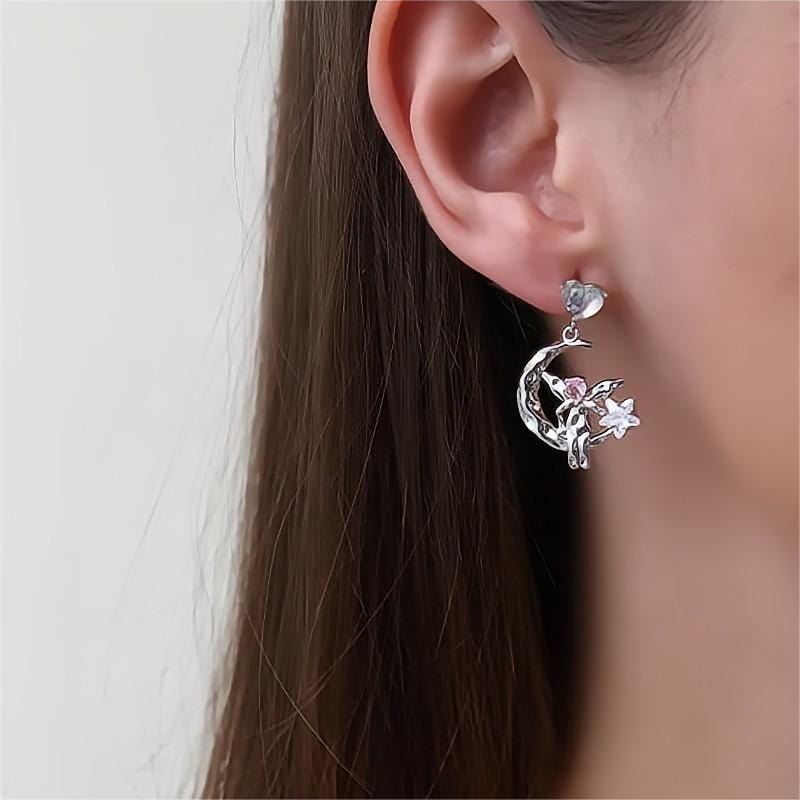 Chic CZ Inlaid Moon Star Angel Dangle Earrings