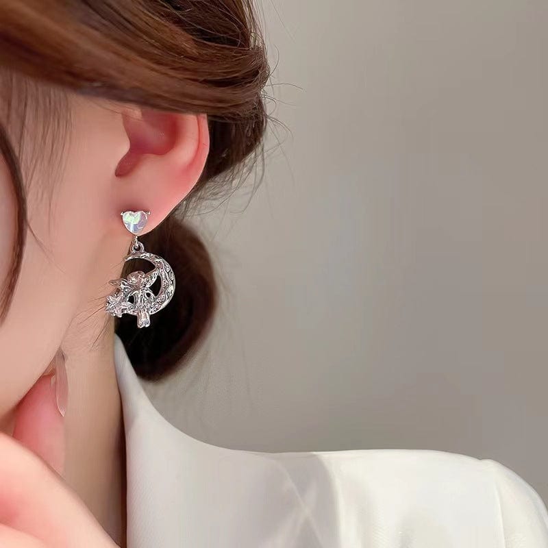 Chic CZ Inlaid Moon Star Angel Dangle Earrings