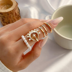 Chic CZ Inlaid Moonphase Star Pearl Ring Set