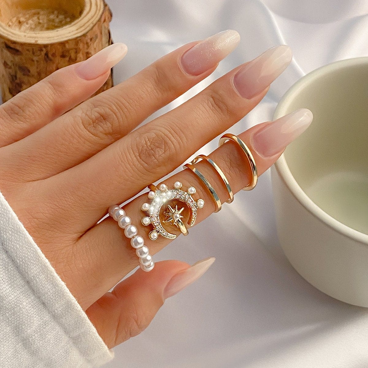 Chic CZ Inlaid Moonphase Star Pearl Ring Set