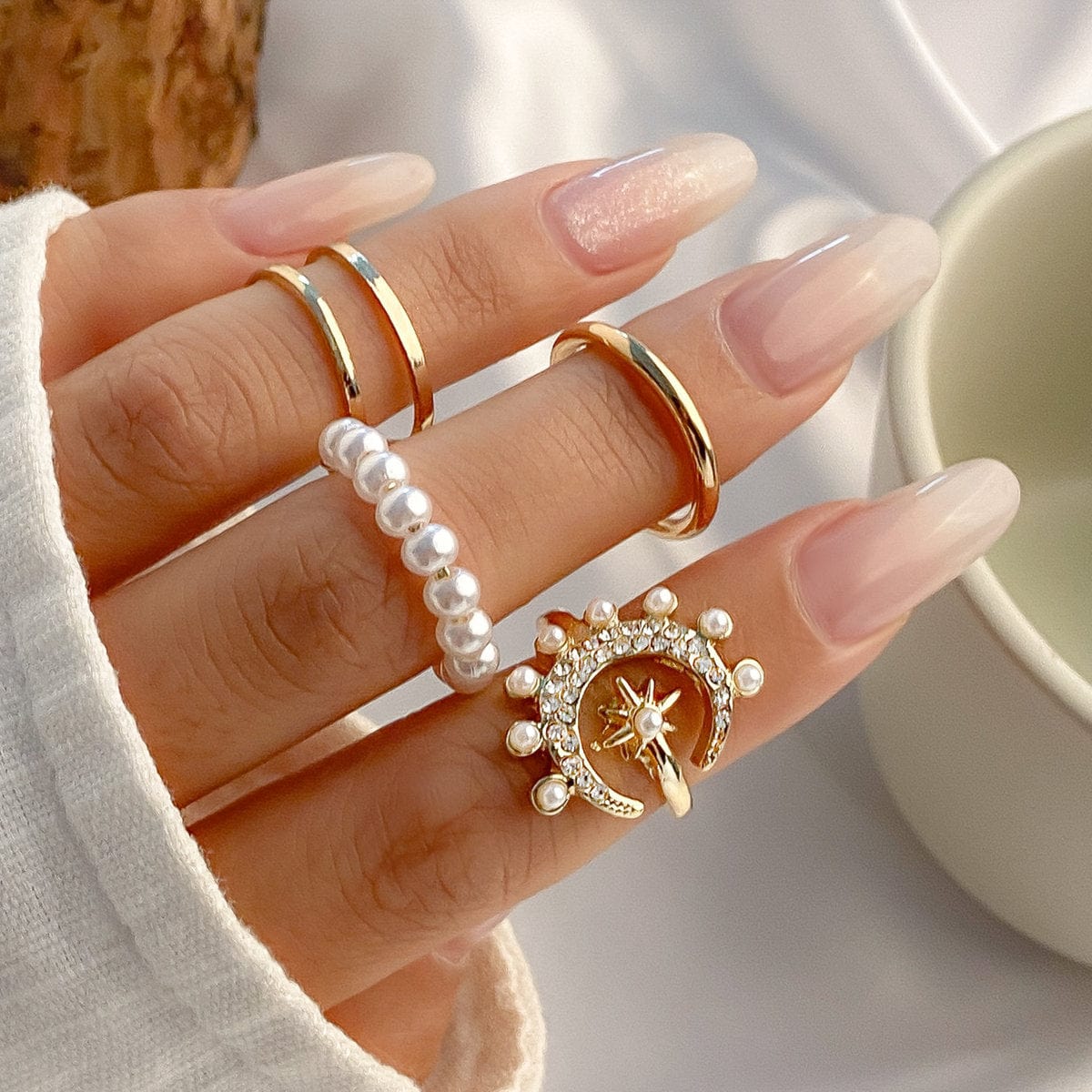 Chic CZ Inlaid Moonphase Star Pearl Ring Set