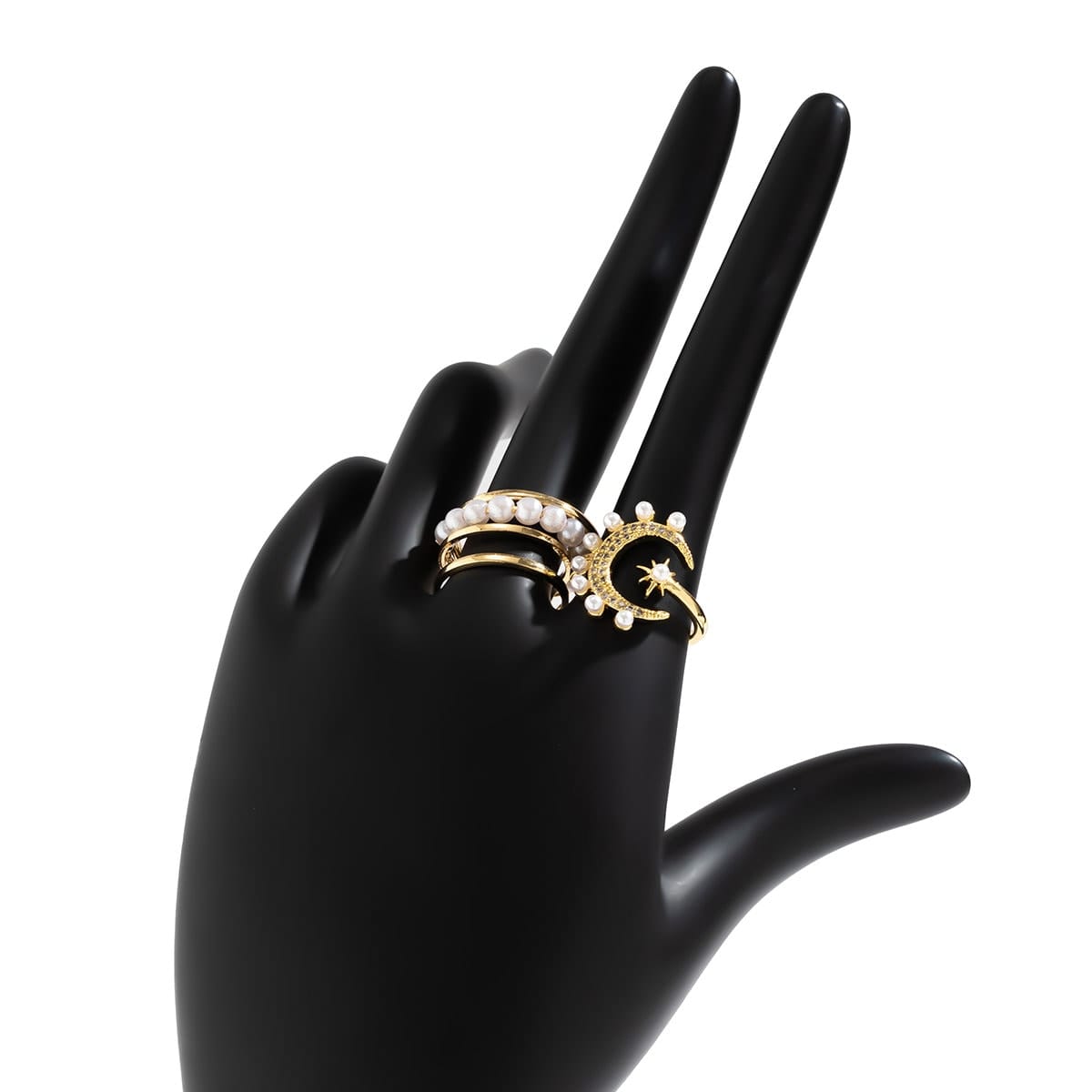 Chic CZ Inlaid Moonphase Star Pearl Ring Set