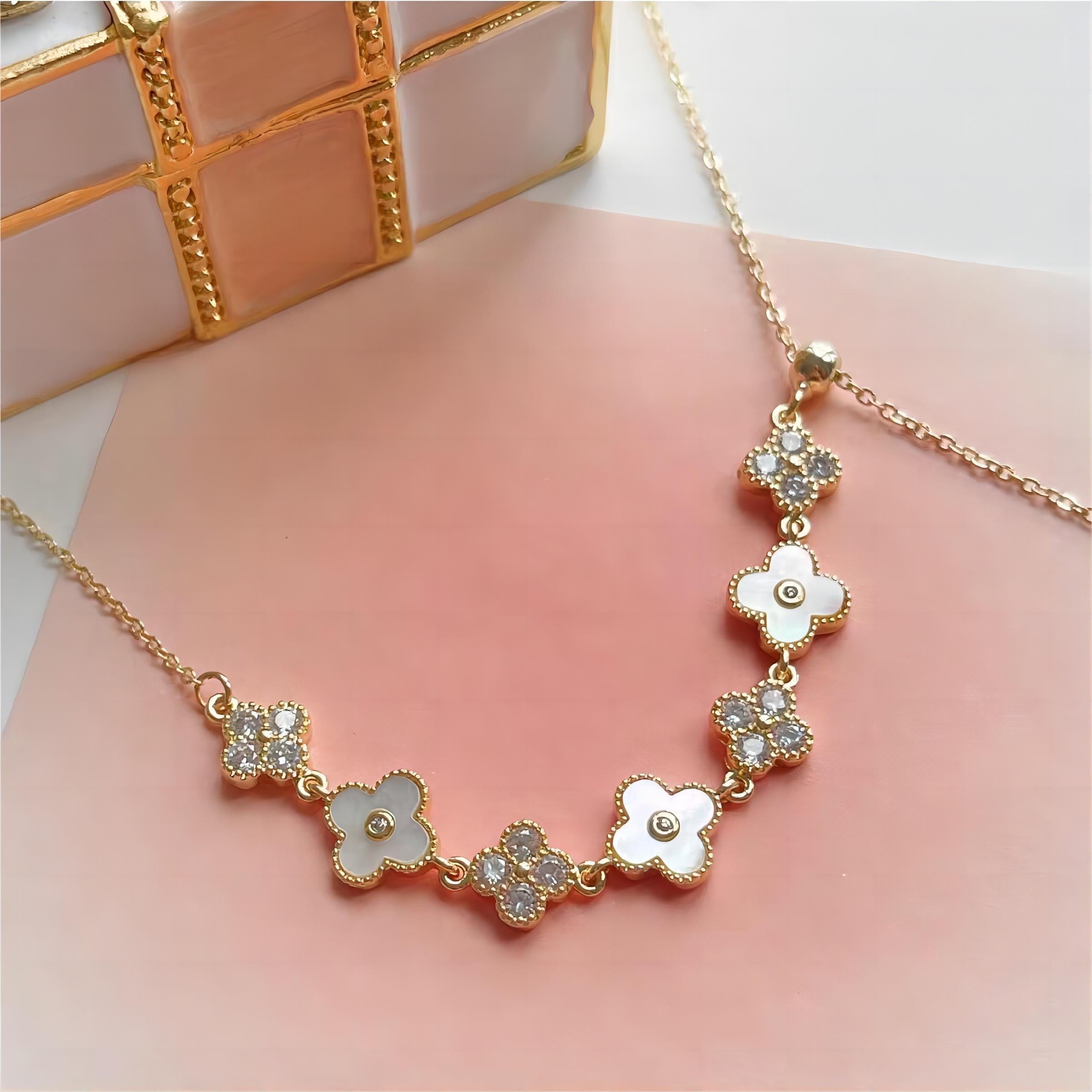 Chic CZ Inlaid Natural Pearl Shell Floral Necklace