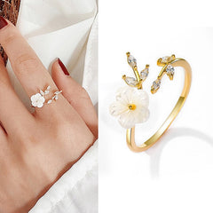 Chic CZ Inlaid Natural Pearl Shell Flower Ring