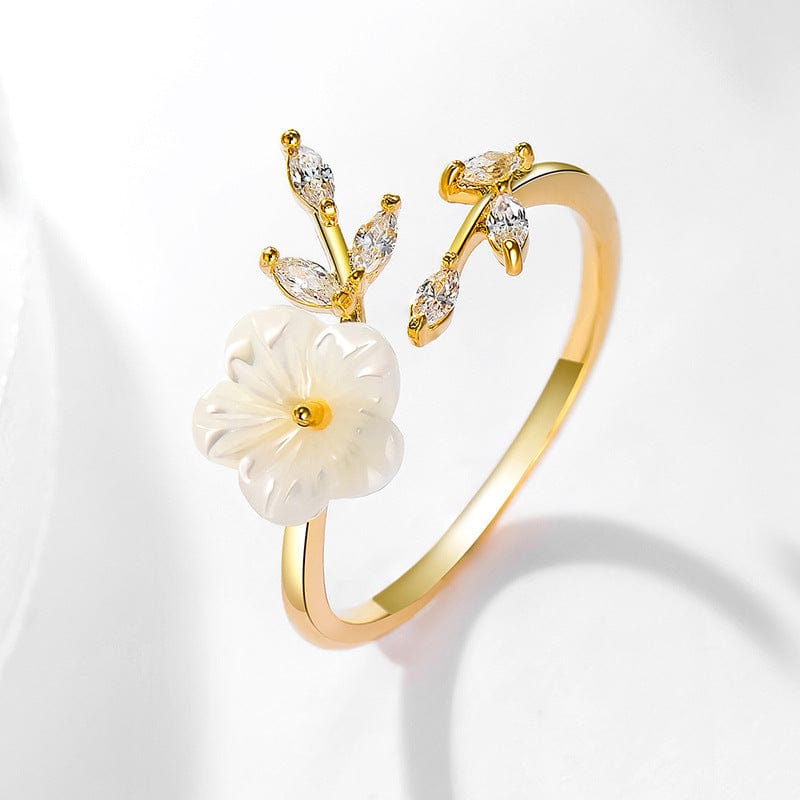 Chic CZ Inlaid Natural Pearl Shell Flower Ring