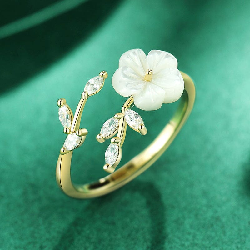 Chic CZ Inlaid Natural Pearl Shell Flower Ring