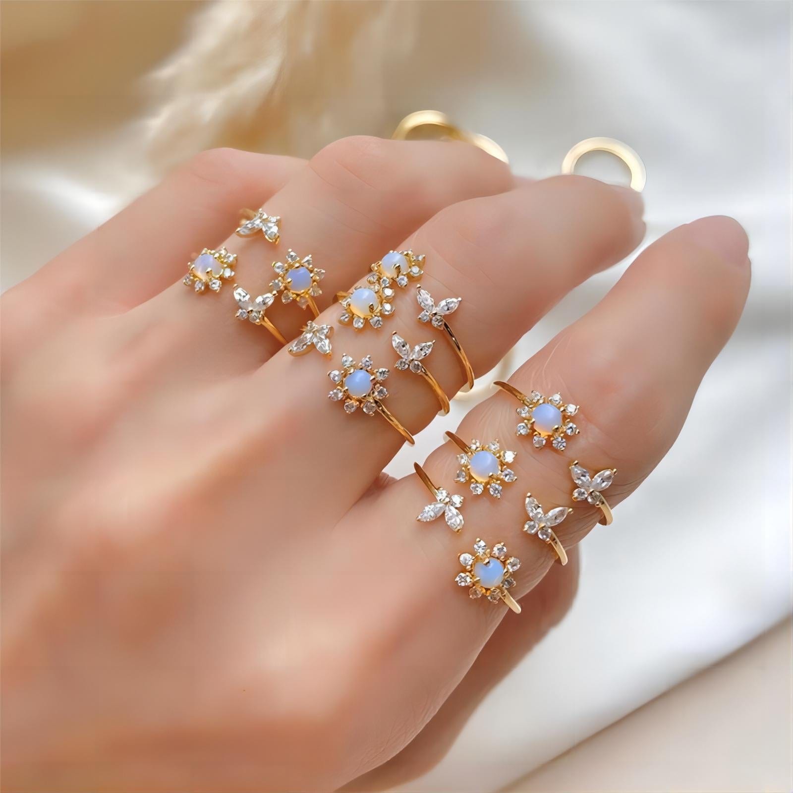 Chic CZ Inlaid Opal Floral Butterfly Ring