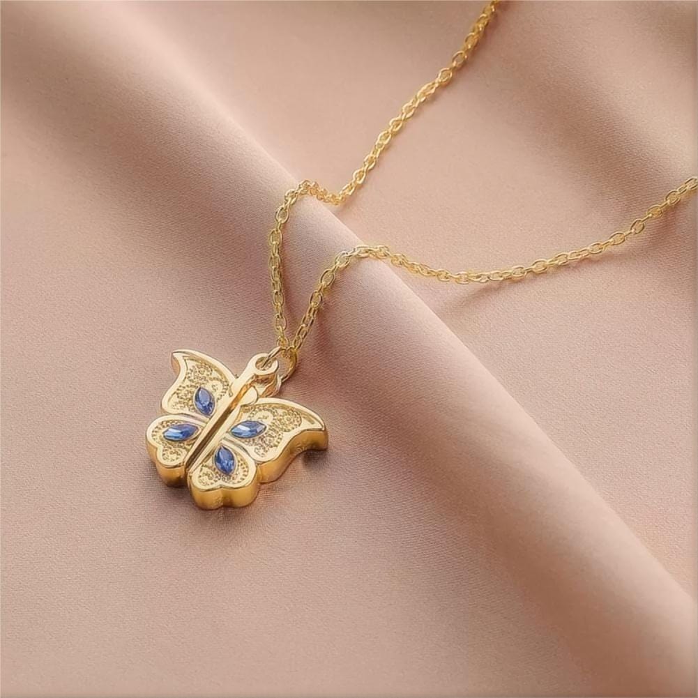 Chic CZ Inlaid Photo Frame I Love You Heart Butterfly Necklace