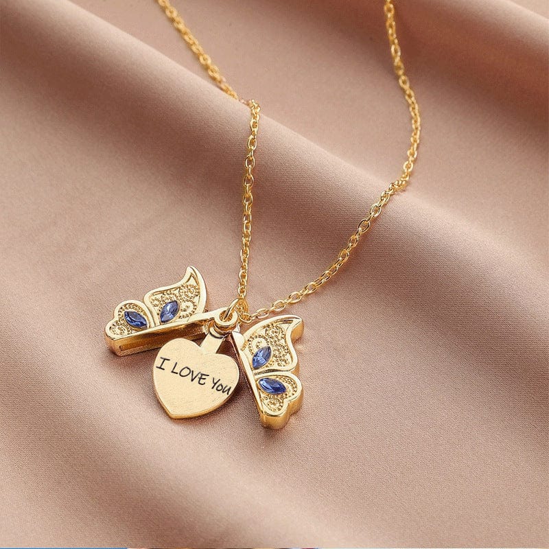 Chic CZ Inlaid Photo Frame I Love You Heart Butterfly Necklace