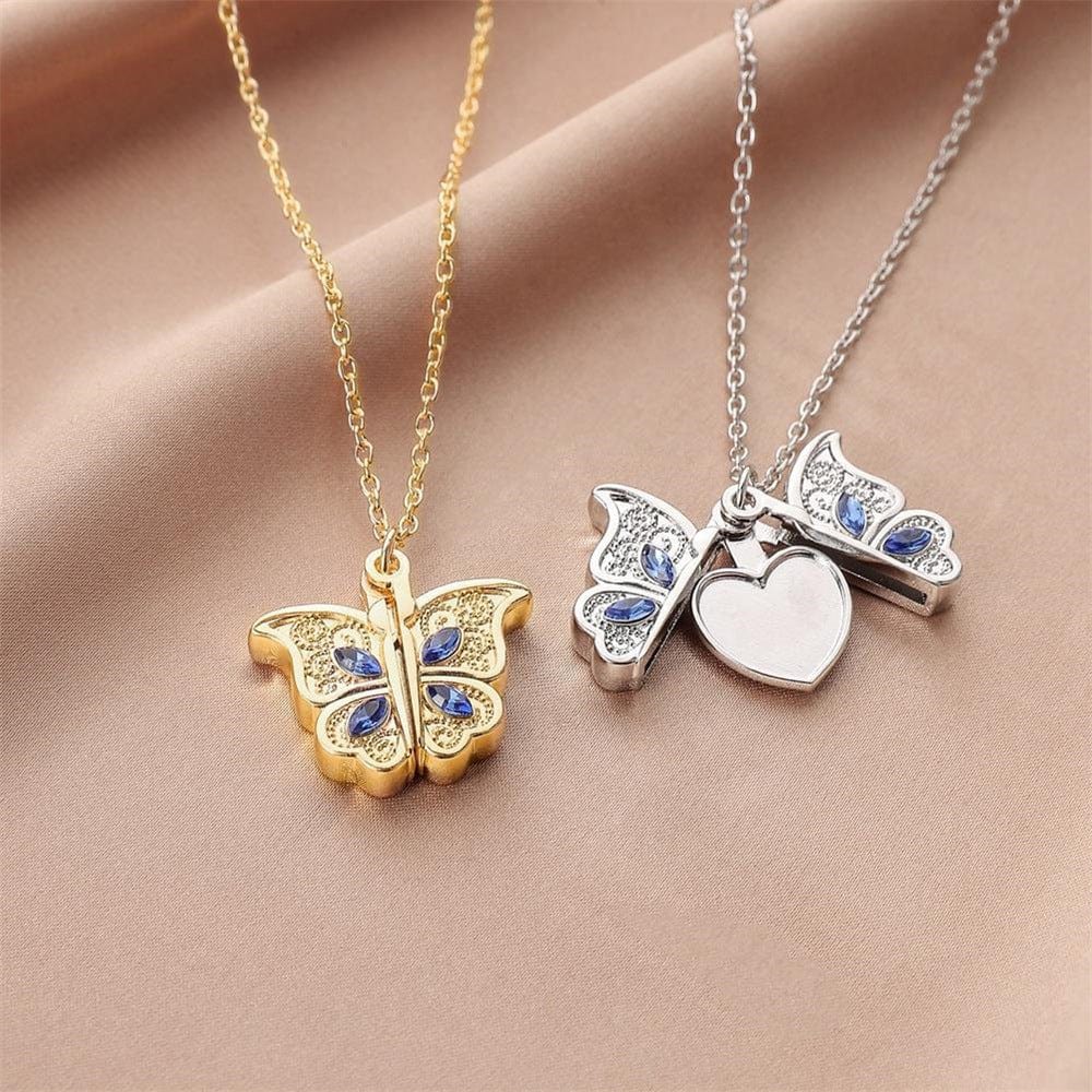 Chic CZ Inlaid Photo Frame I Love You Heart Butterfly Necklace