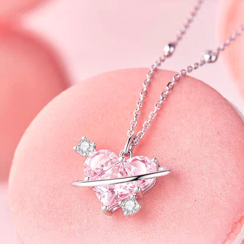 Chic CZ Inlaid Pink Celestial Heart Necklace