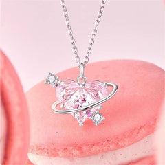 Chic CZ Inlaid Pink Celestial Heart Necklace